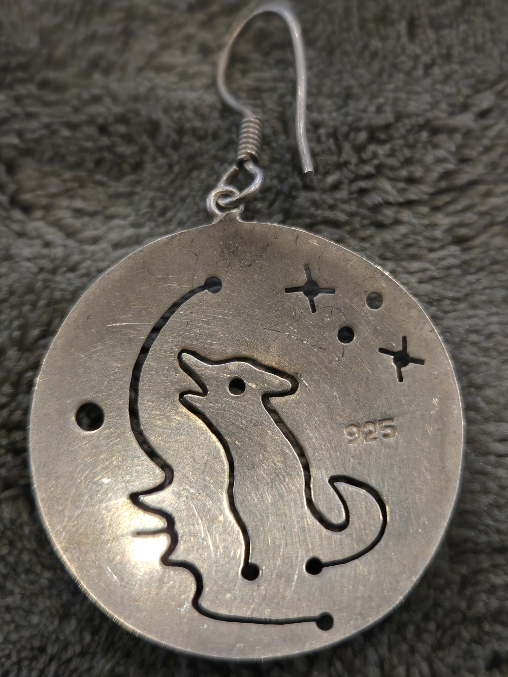 Sterling Silver 925 Wolf Moon & Stars Pierced Silhouette Dangle Earrings - Picture 4 of 8